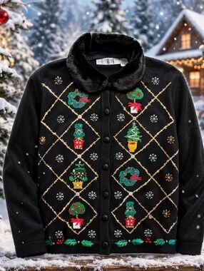 OHI Vintage Christmas Embroidered Cardigan Faux Fur Collar Button Front Size XL